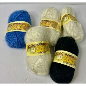 Patons Solo Mohair Wool Acrylic Blend Yarn 5 Skeins Made Canada Blue Black White